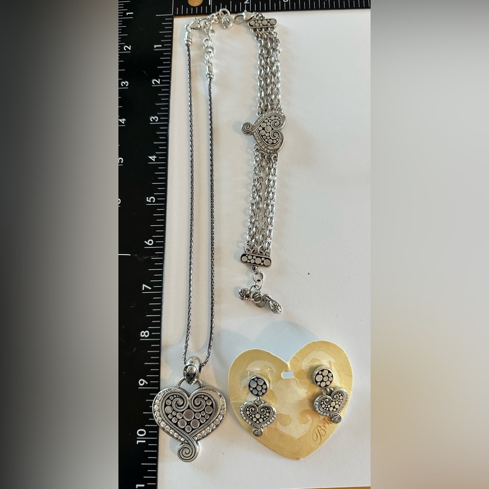 Brighton Silver Heart Chain Necklace, Heart Bracelet and Earrings.